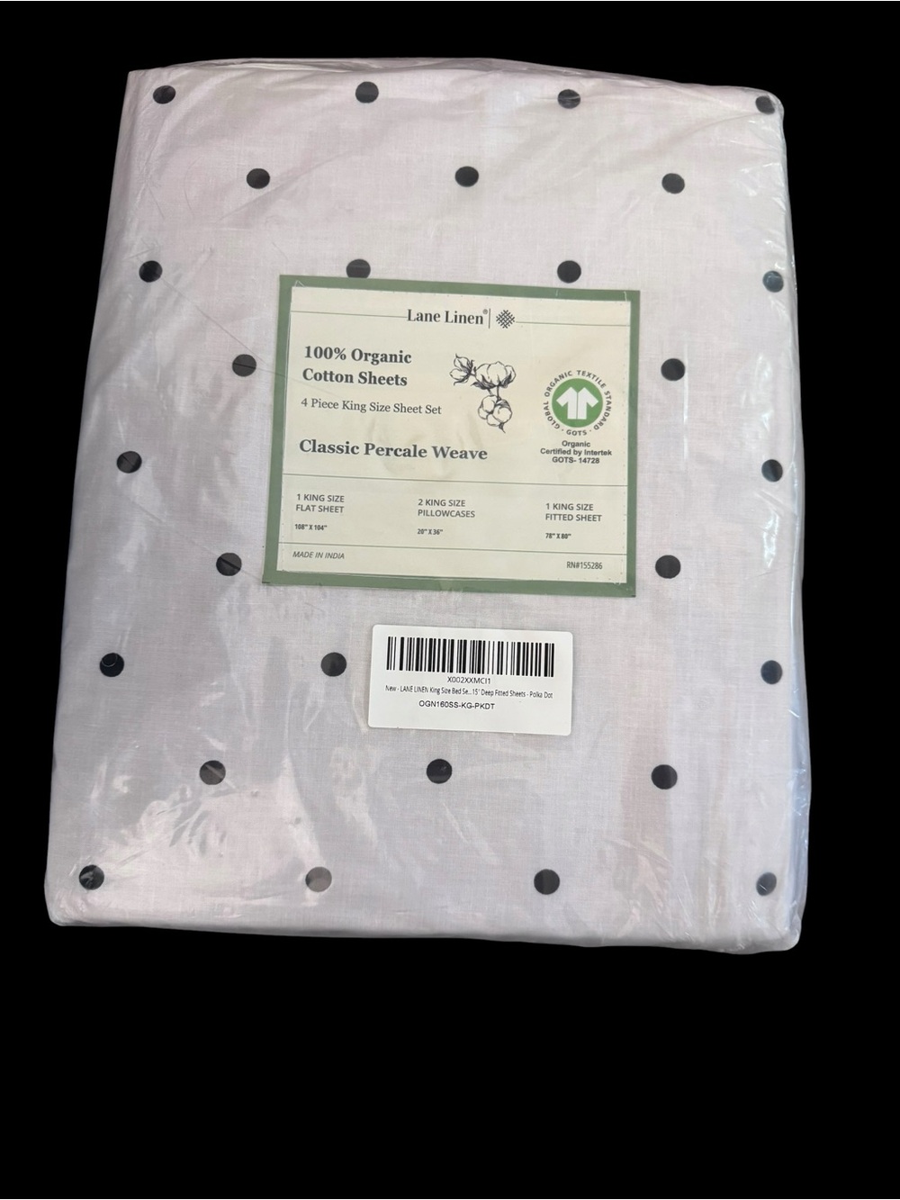 Organic Cotton Percale Sheet Set in White with Black Polka Dots